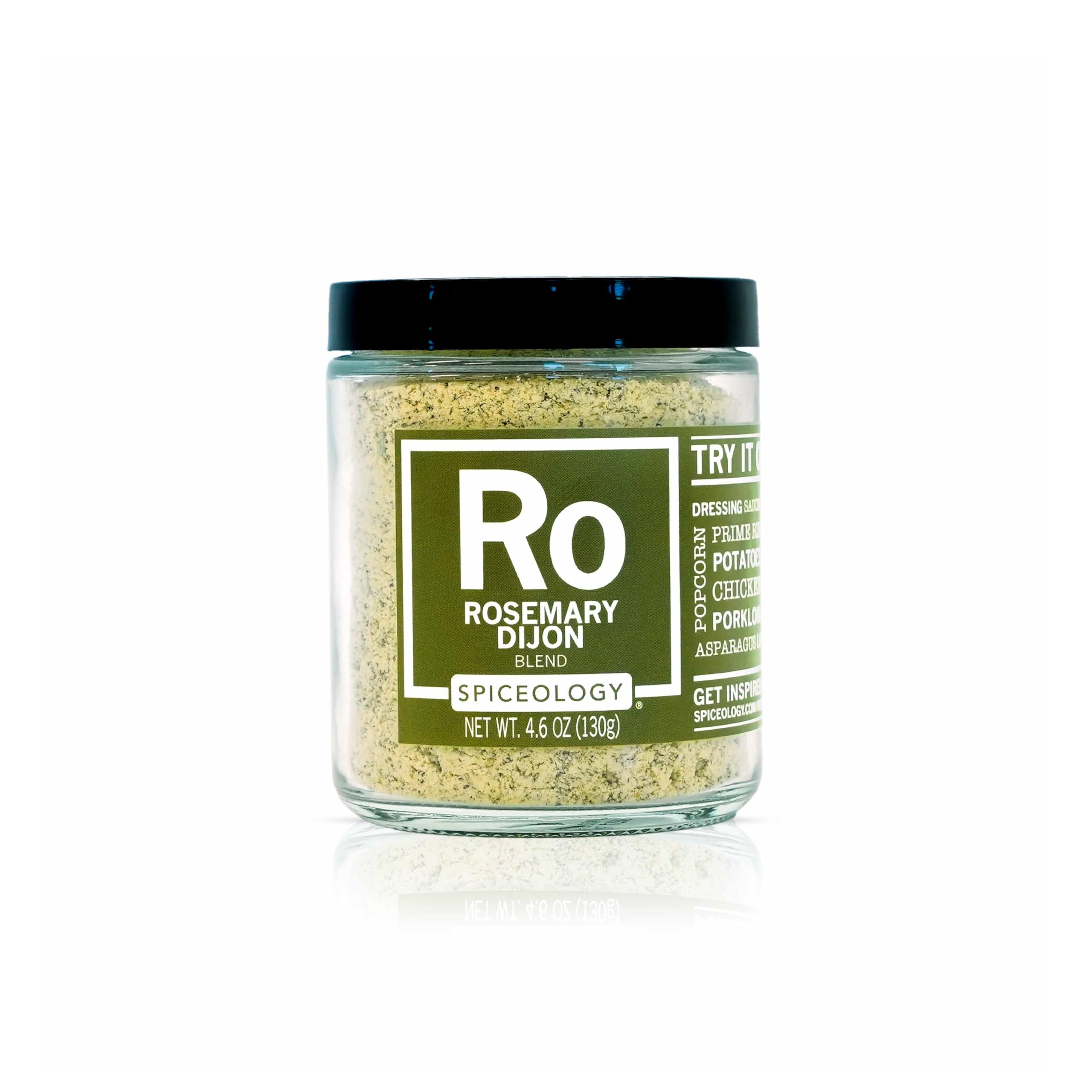 Spiceology jar front label showing rosemary Dijon seasoning and freshness