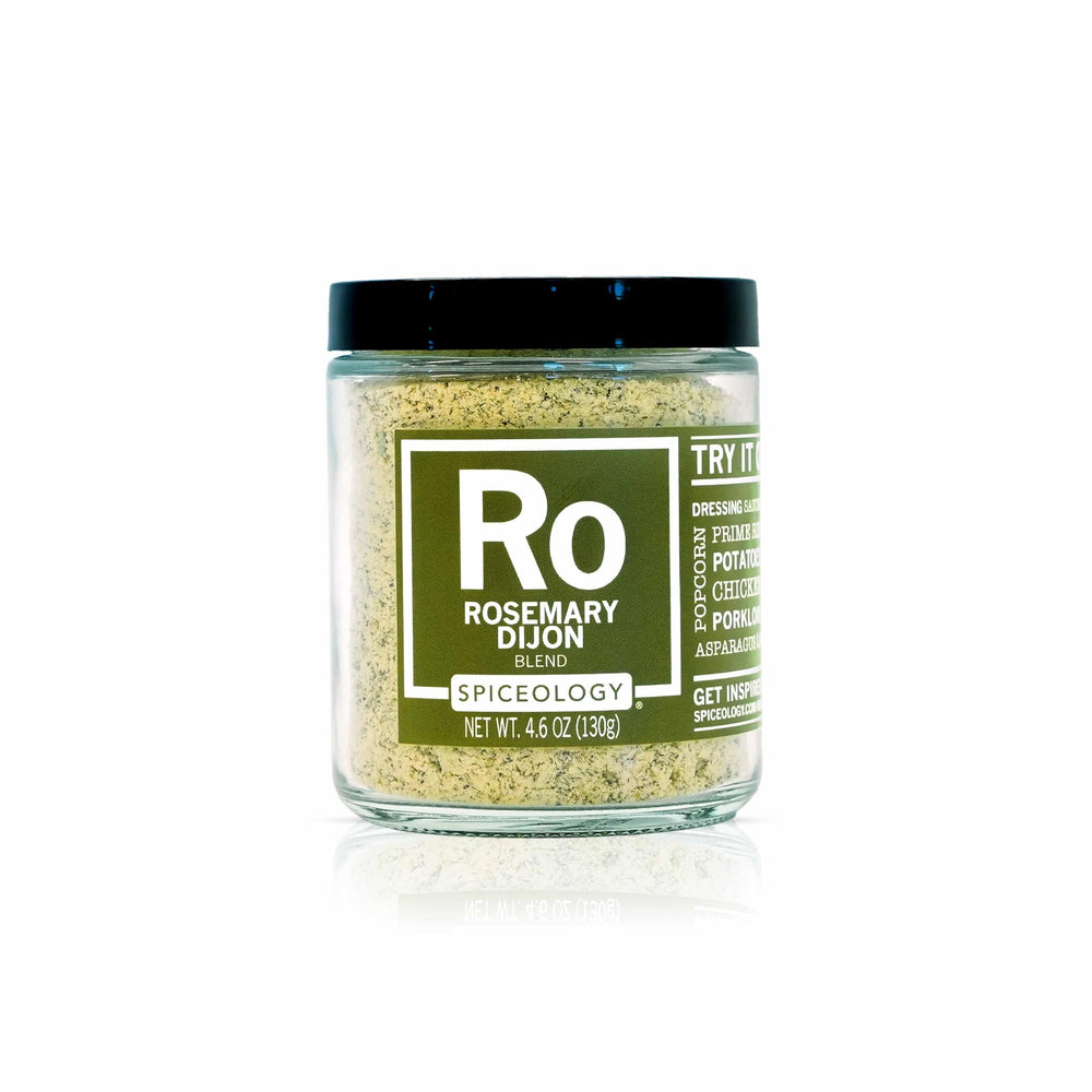 Spiceology jar front label showing rosemary Dijon seasoning and freshness