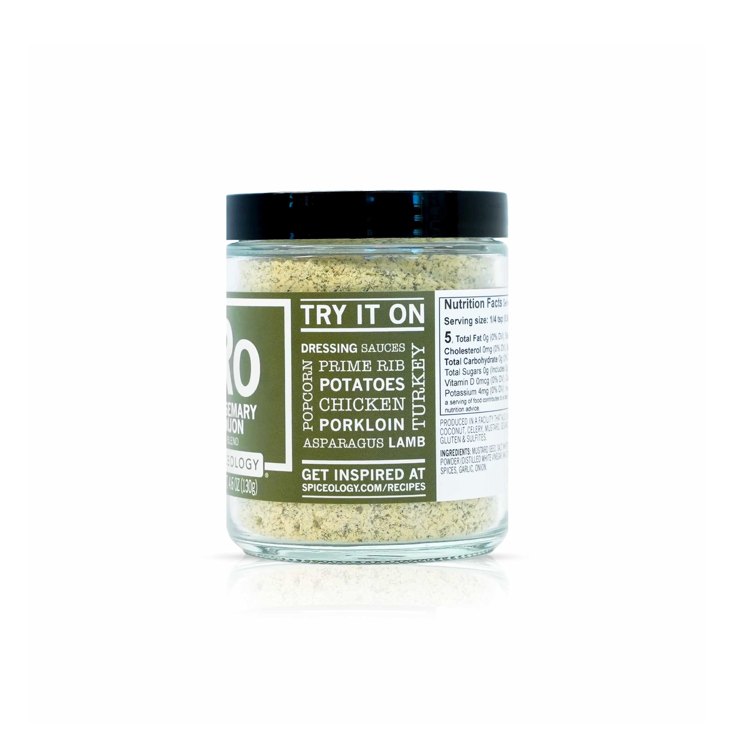Open jar of Spiceology rosemary Dijon showing coarse ground herb and seed texture