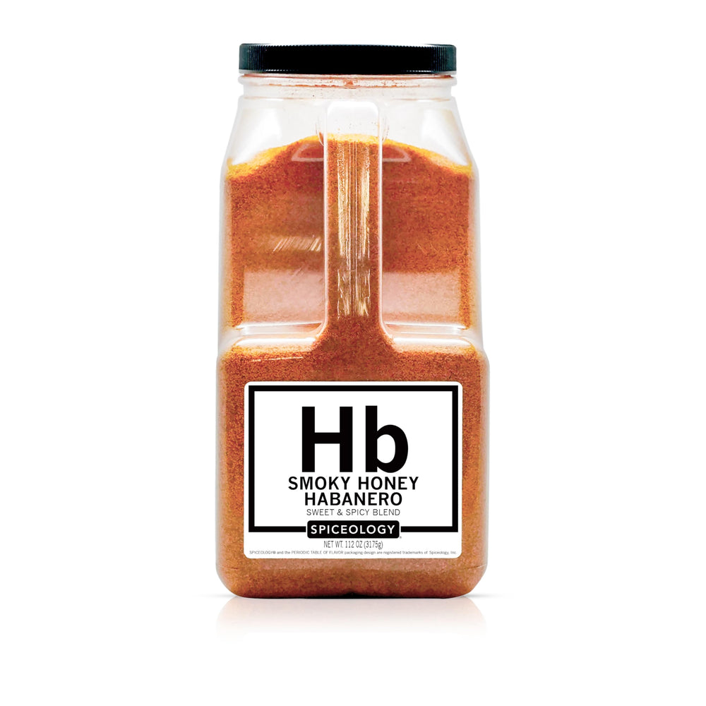 Spiceology front packaging showing 112 oz tub and clear label for easy identification and storage