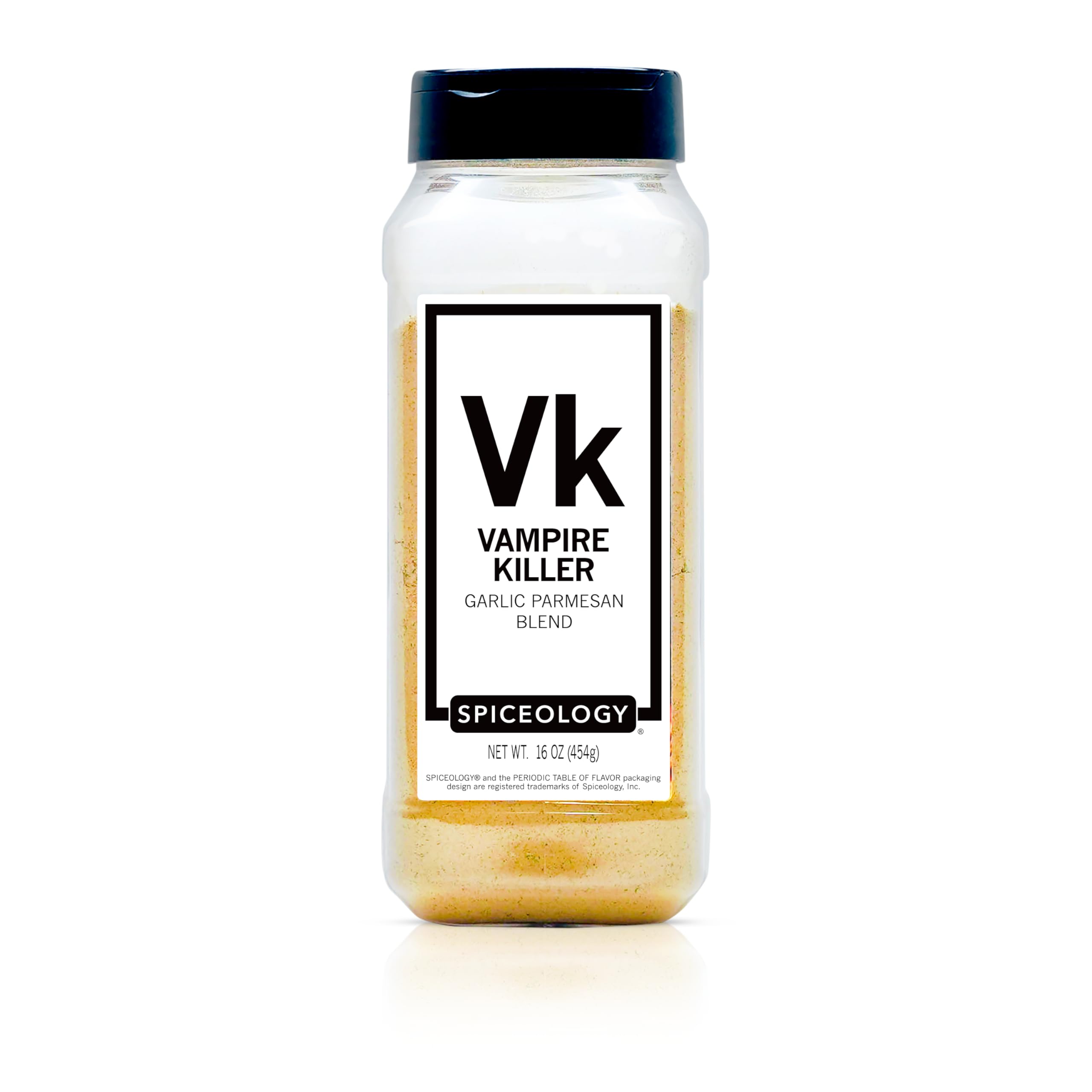 Spiceology Vampire Killer jar front view showing label and 16 oz size benefit