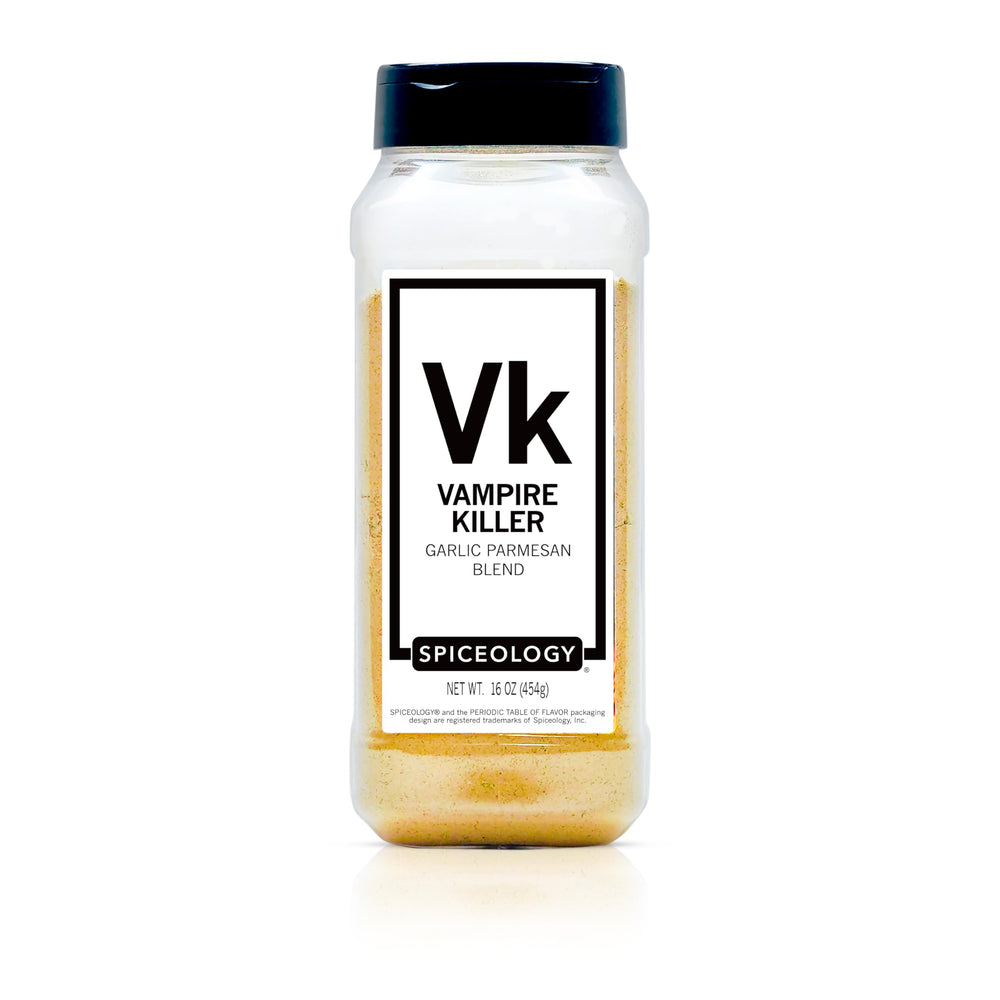 Spiceology Vampire Killer jar front view showing label and 16 oz size benefit