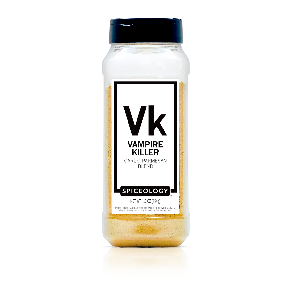 Spiceology Vampire Killer jar front view showing label and 16 oz size benefit