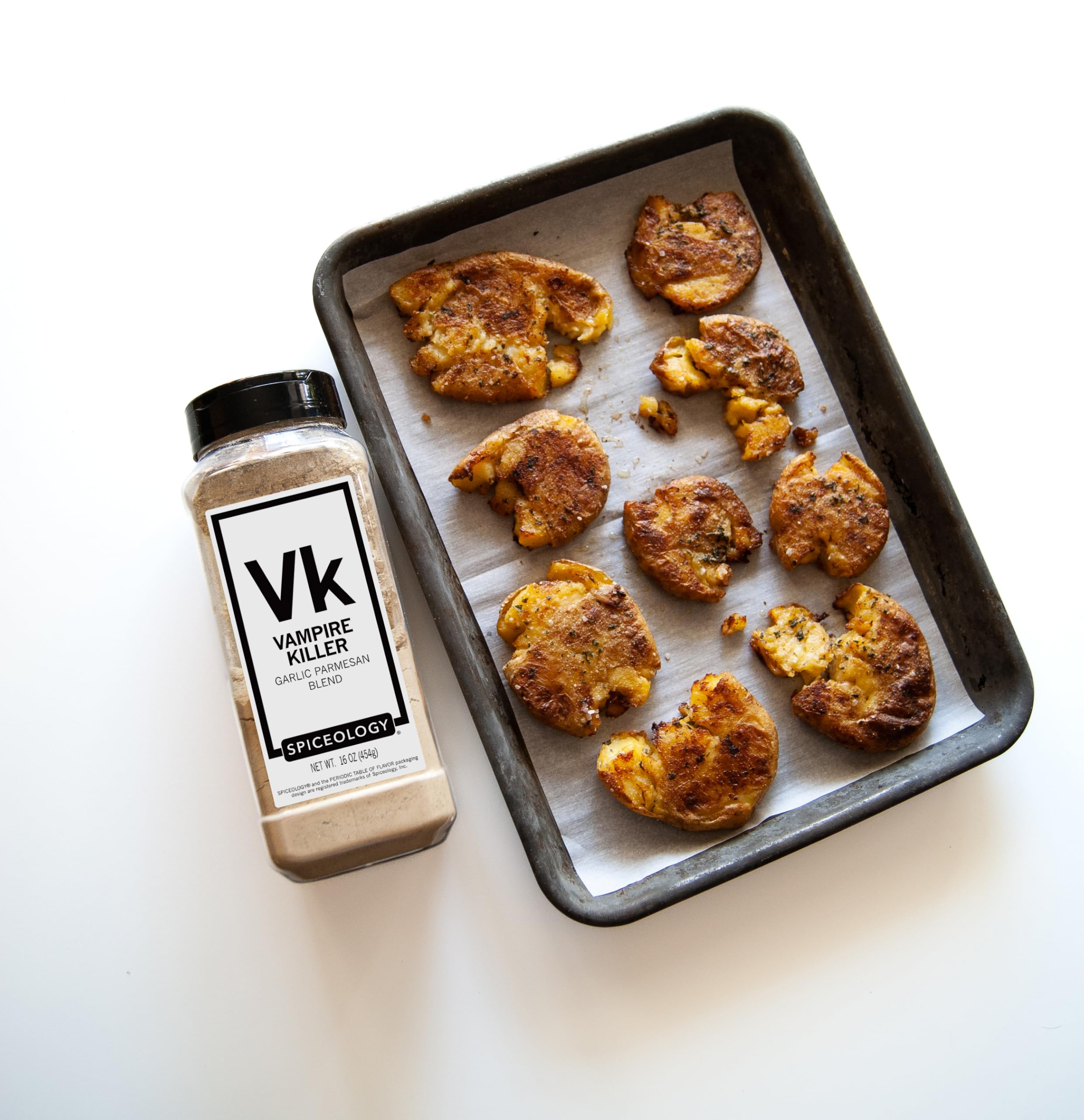 roasted potatoes sprinkled with Spiceology Vampire Killer adding savory finish