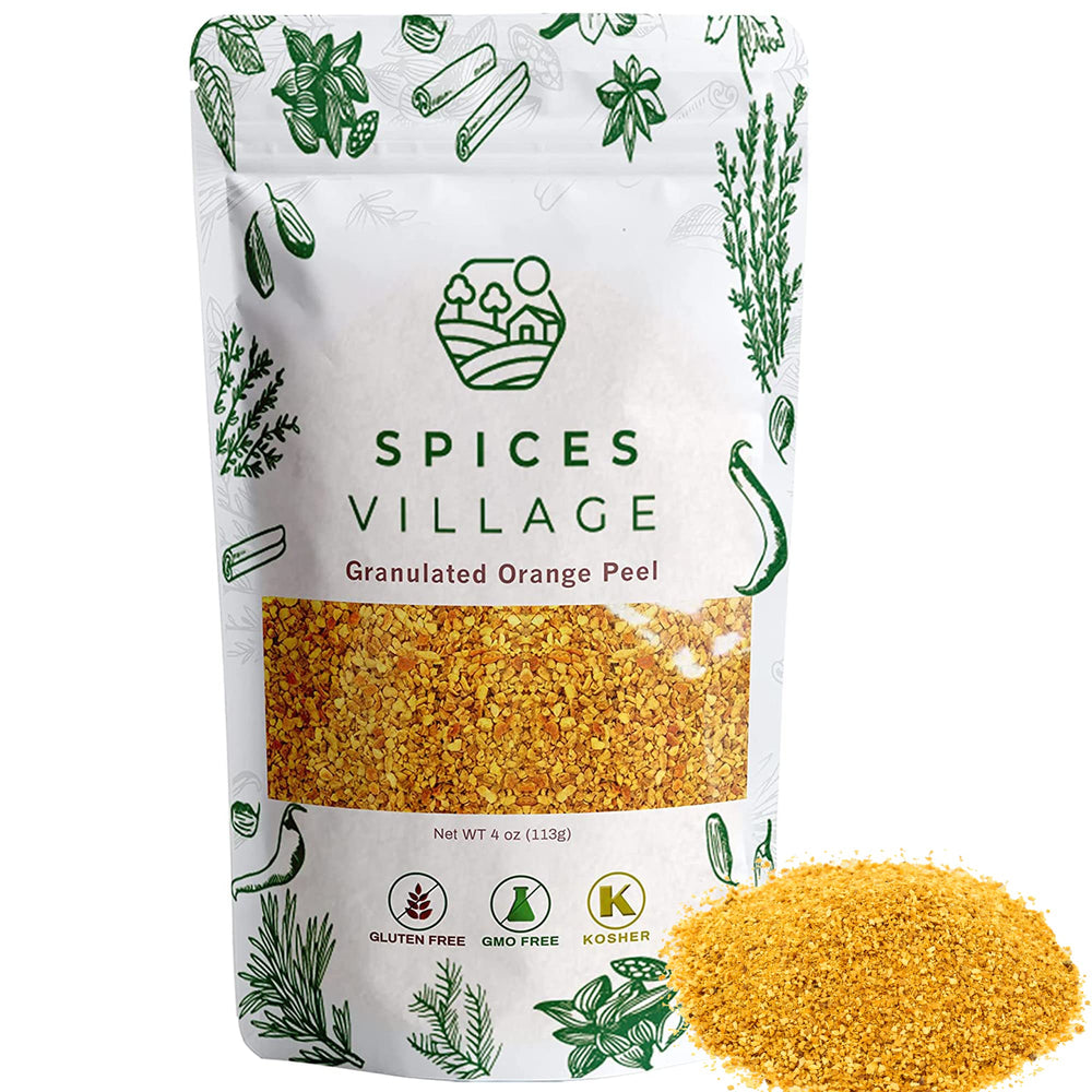 Spices Village front packaging showing orange peel granules and clear labeling benefit convenience