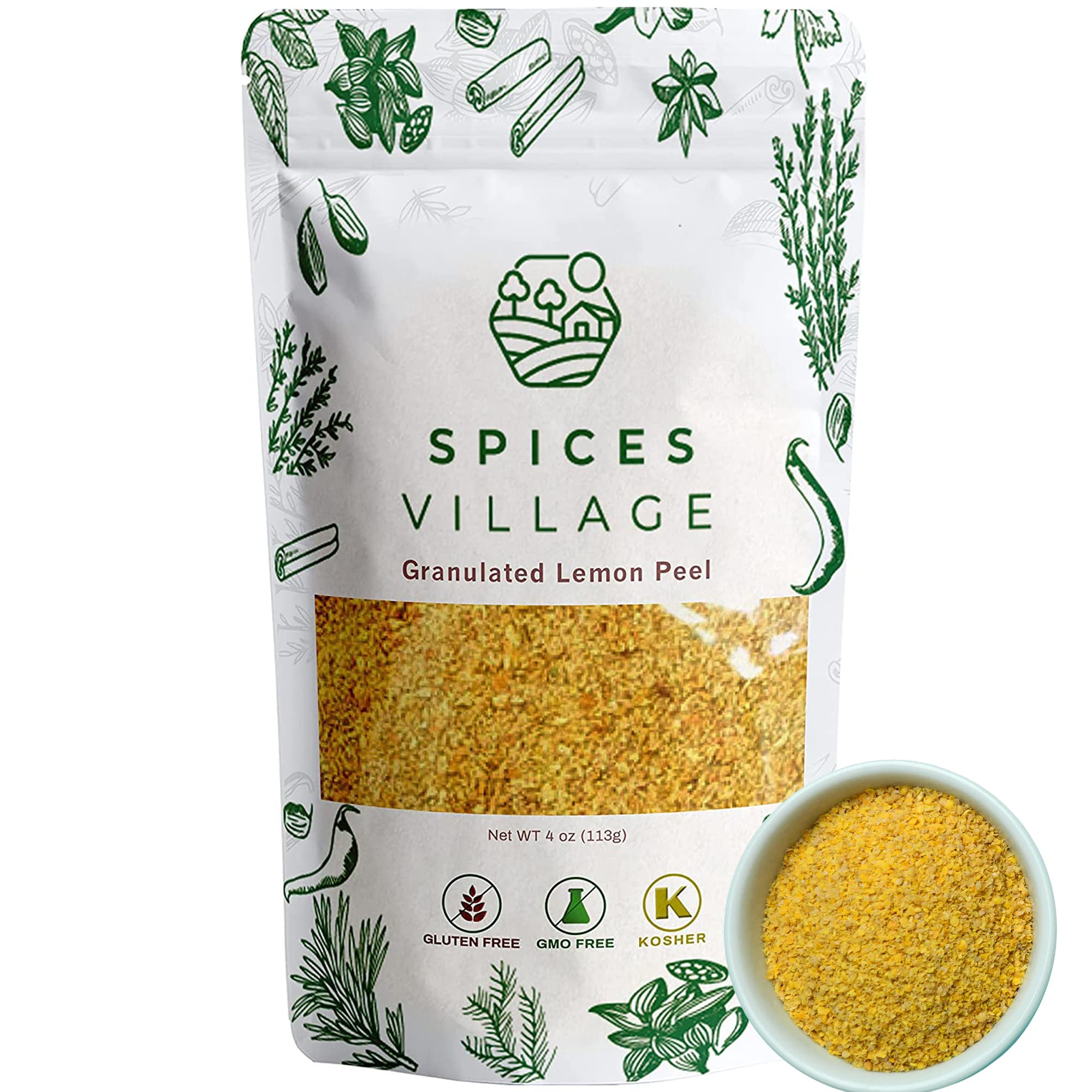 Spices Village front package showing 4 oz lemon peel, clear label and resealable pouch benefit: easy storage