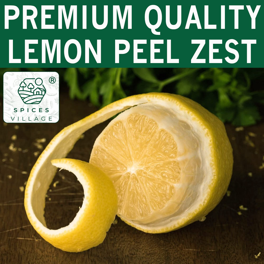 Measuring spoon beside 4 oz pouch of Spices Village lemon peel showing portion size and dosing ease