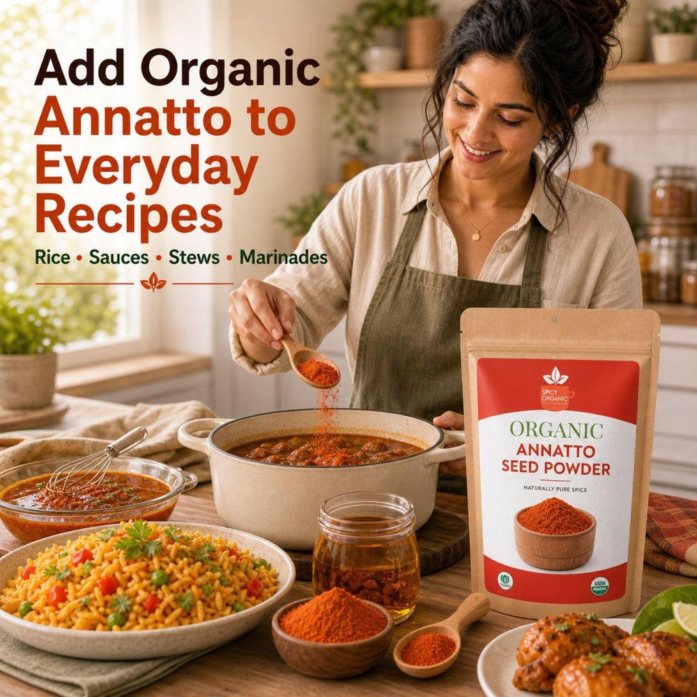 SPICY ORGANIC annatto pods on farm showing organic source and authentic origin