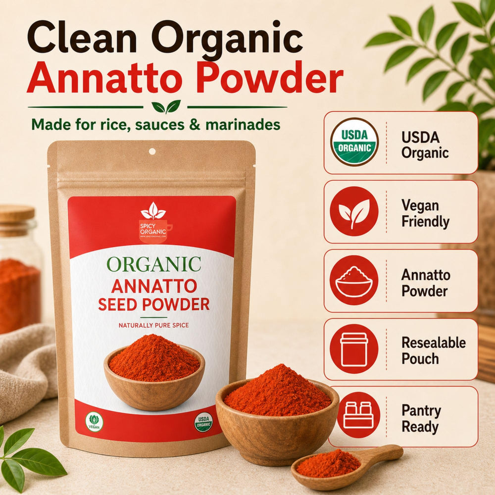 SPICY ORGANIC annatto used in kitchen scene with cookware highlighting practical everyday cooking use