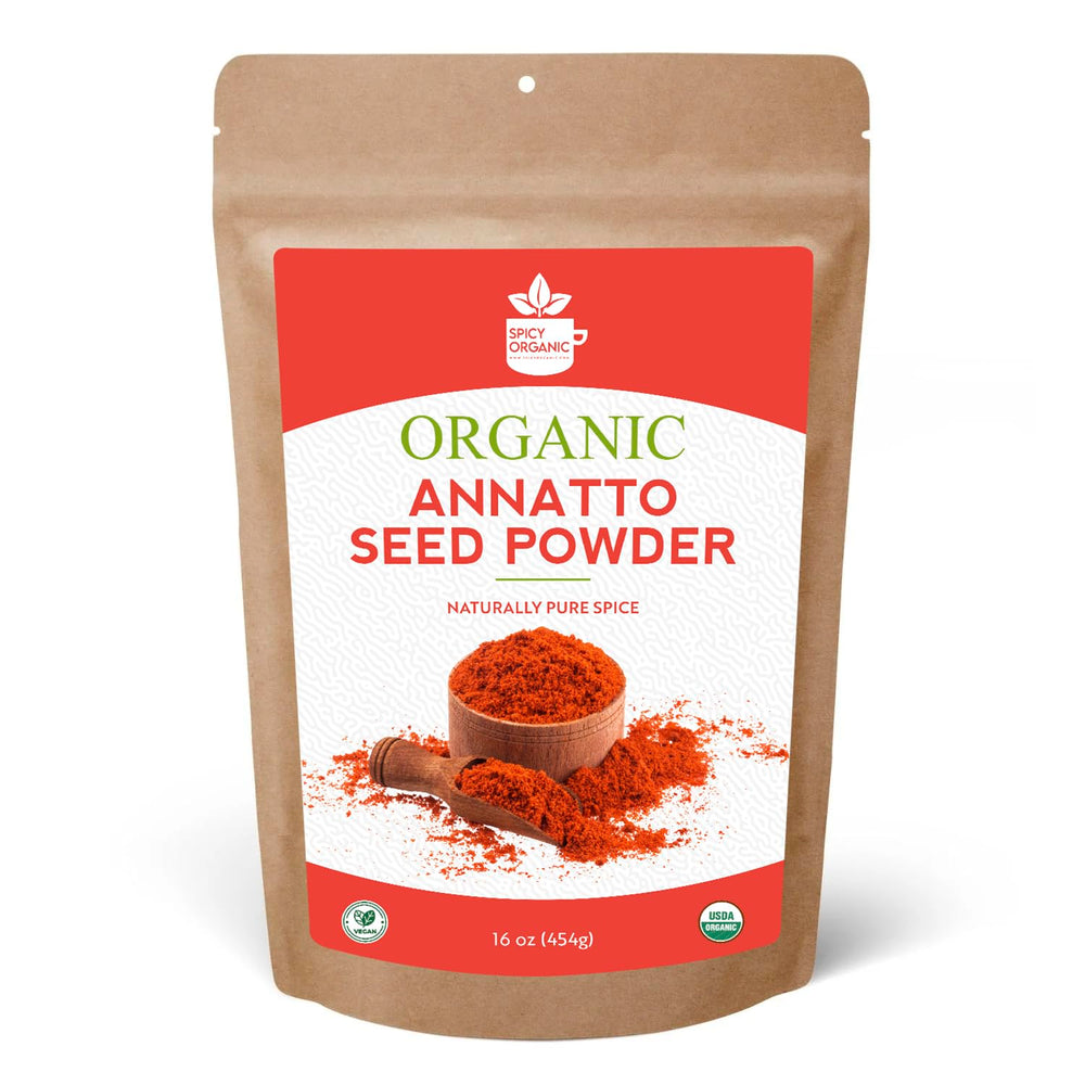SPICY ORGANIC front packaging of 8 oz annatto powder showing label and jar benefit: certified organic color and flavor