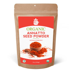 SPICY ORGANIC front packaging of 8 oz annatto powder showing label and jar benefit: certified organic color and flavor