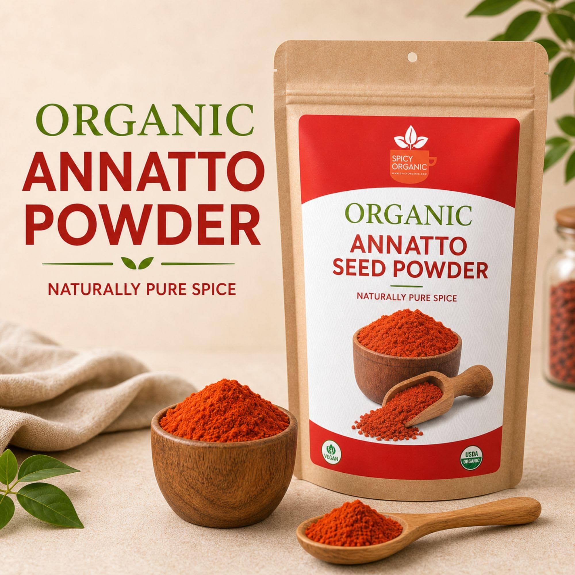SPICY ORGANIC annatto powder heaped on spoon ready to measure, offering quick seasoning convenience