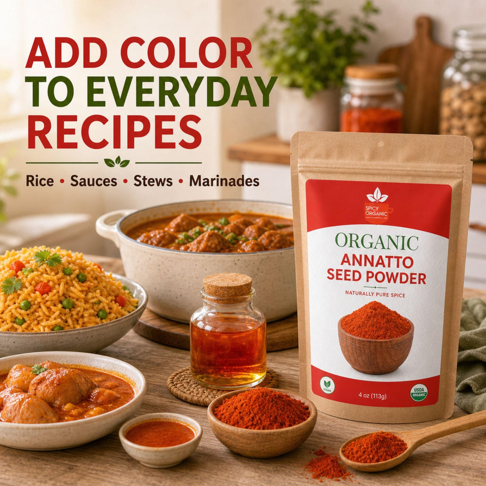 SPICY ORGANIC annatto seasoned rice plated with bright color, enhancing visual appeal of meals