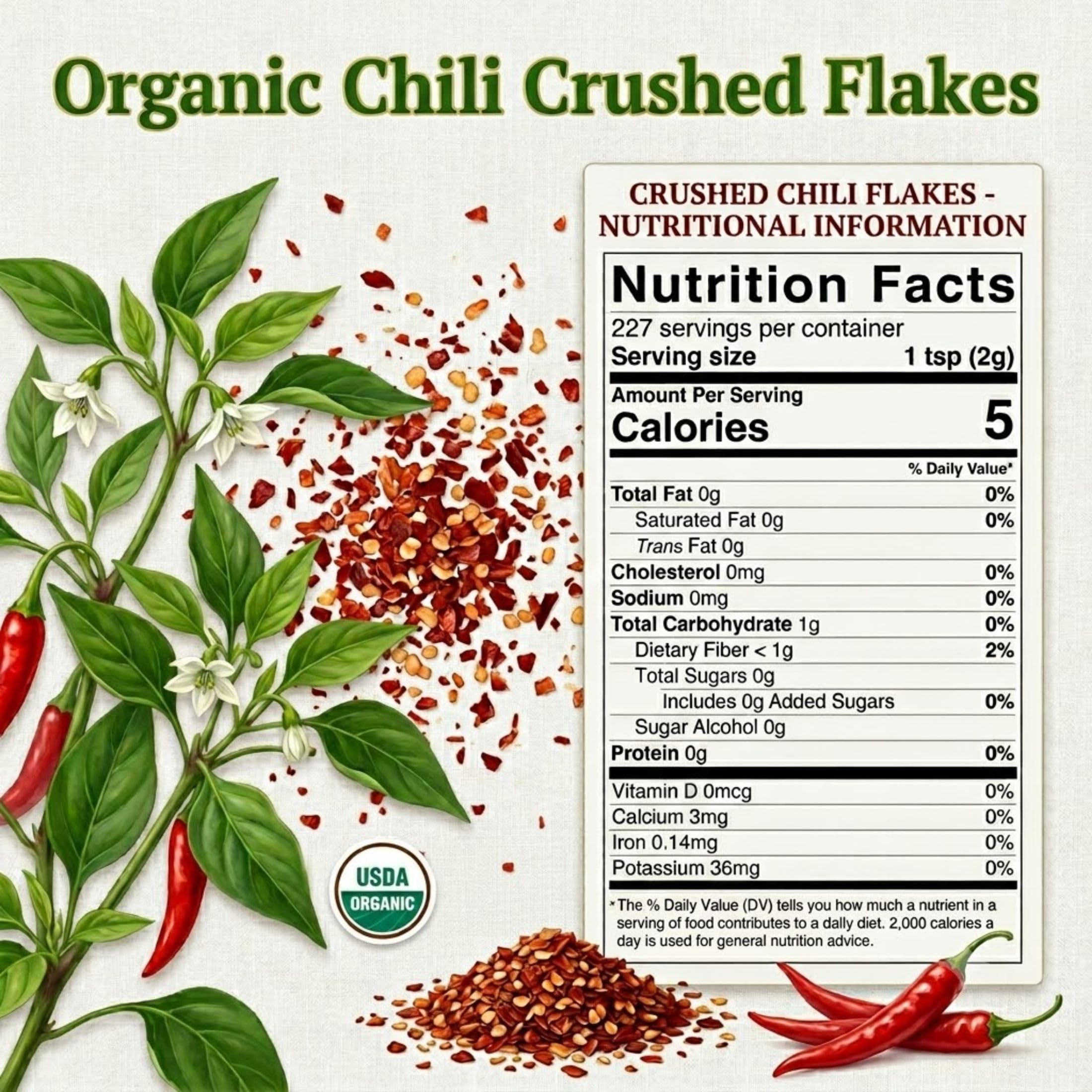 SPICY ORGANIC close-up of crushed red flake texture for vivid, potent seasoning