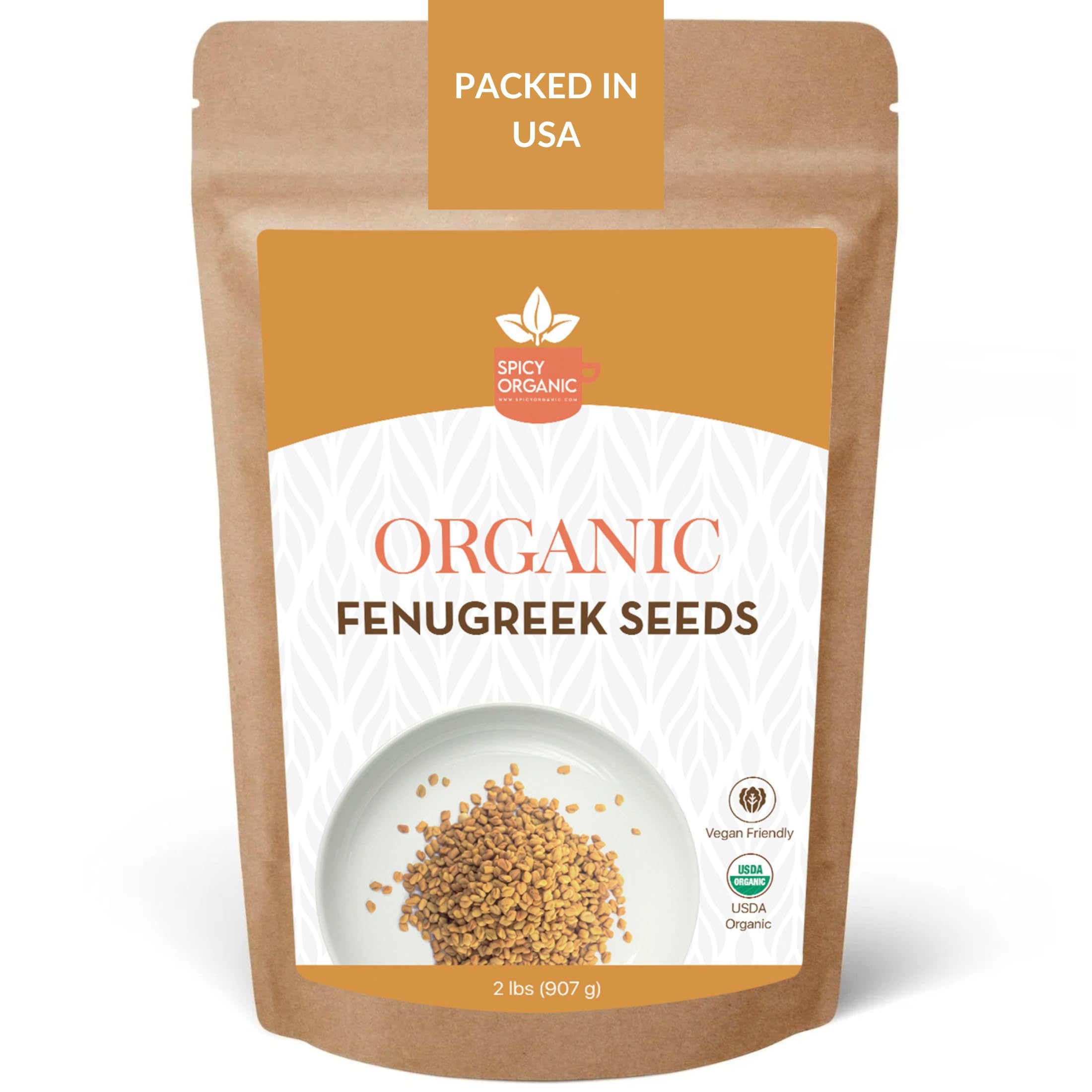 SPICY ORGANIC front pouch showing 2 lb resealable package and organic benefit