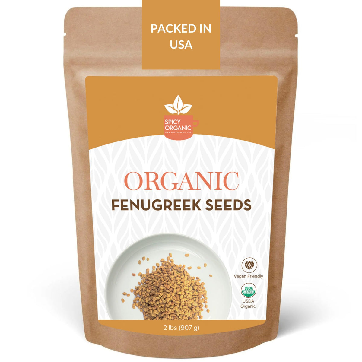 SPICY ORGANIC front pouch showing 2 lb resealable package and organic benefit