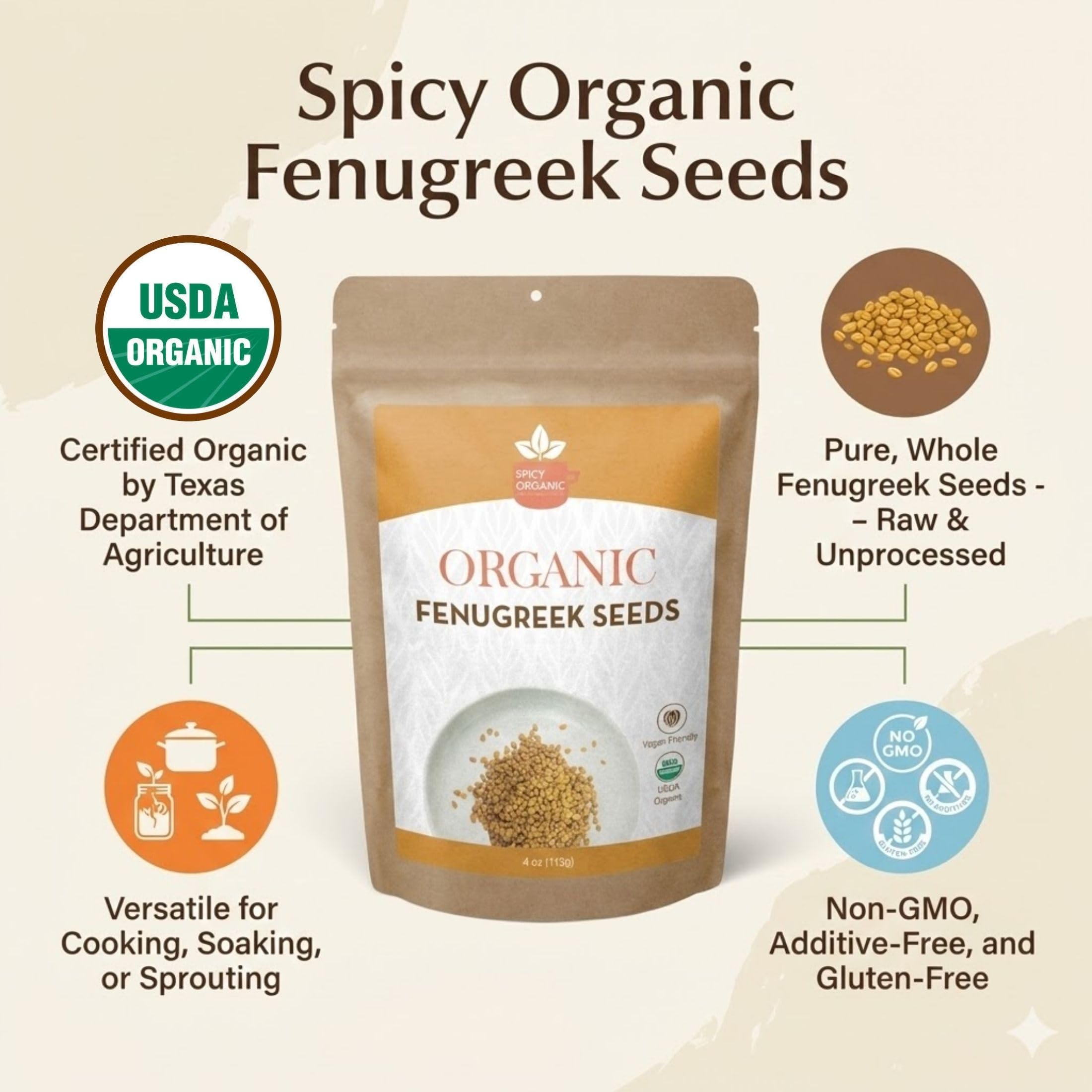 SPICY ORGANIC spoon with fenugreek seeds portioned for cooking convenience