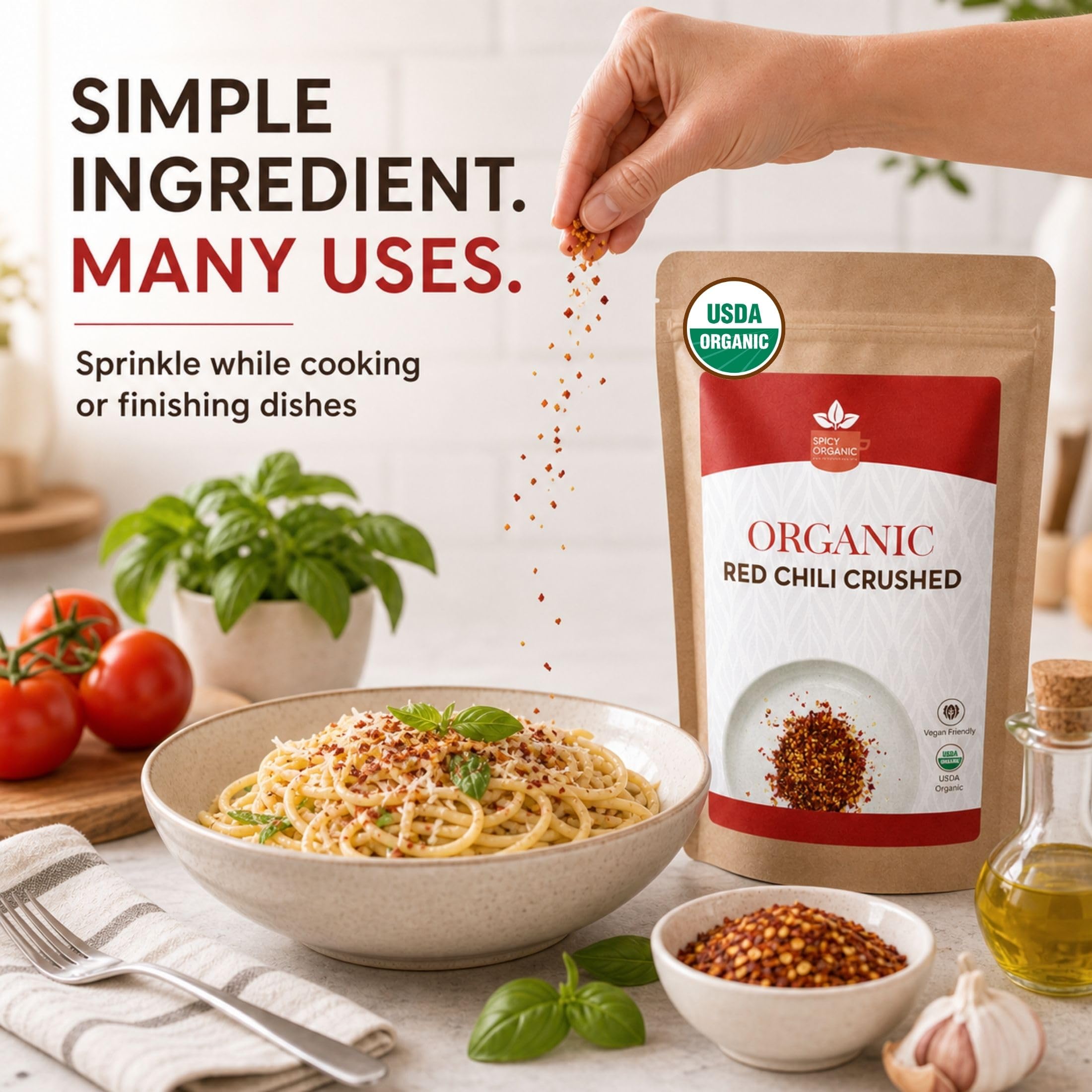 SPICY ORGANIC flakes sprinkled on pizza adding color and spicy finish