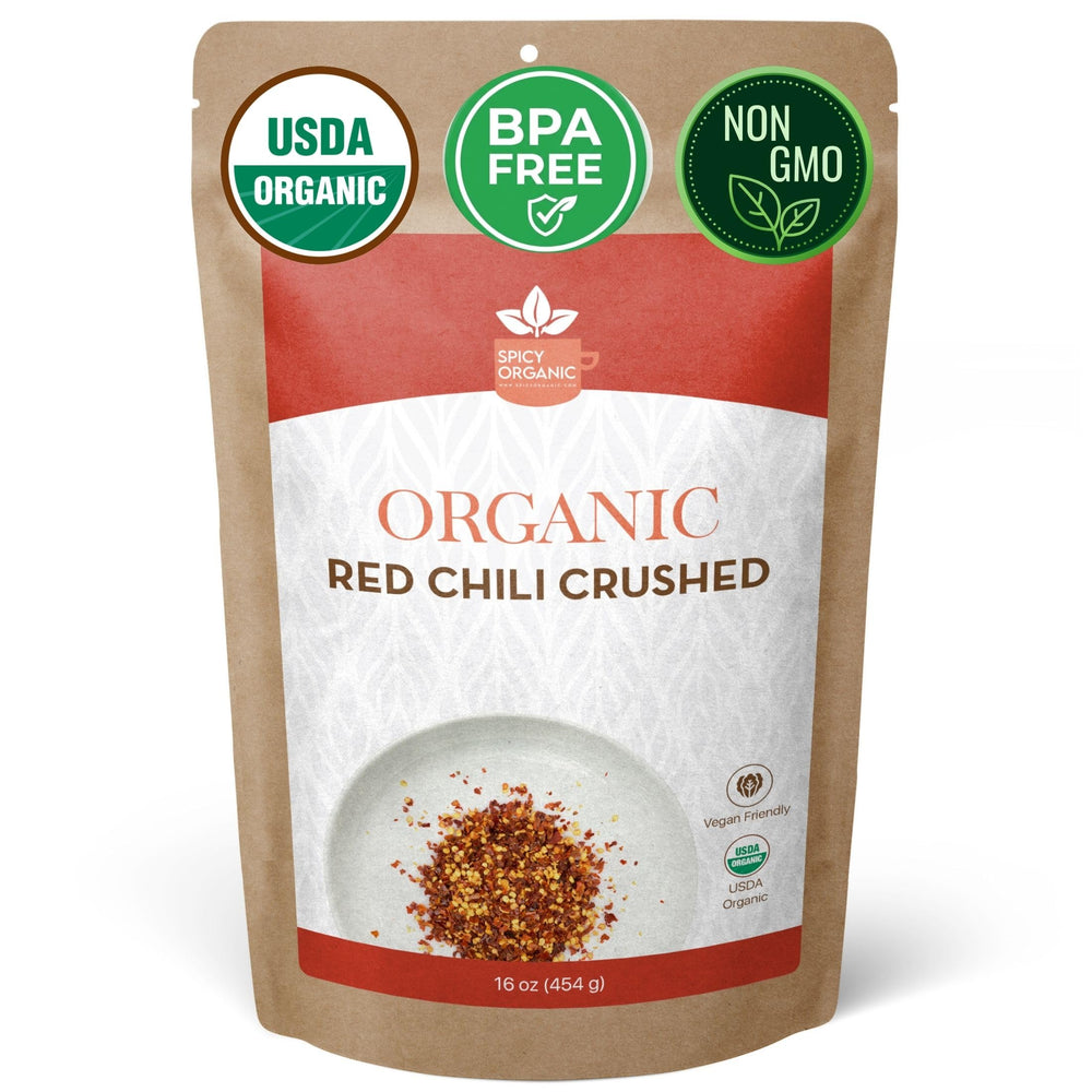 SPICY ORGANIC front packaging showing 16oz resealable pouch and bold color benefit