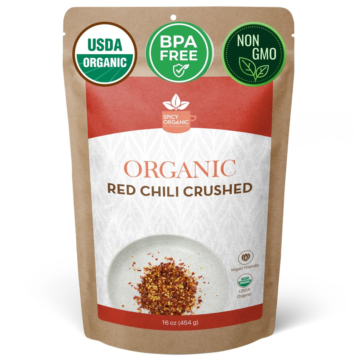 SPICY ORGANIC front packaging showing 16oz resealable pouch and bold color benefit