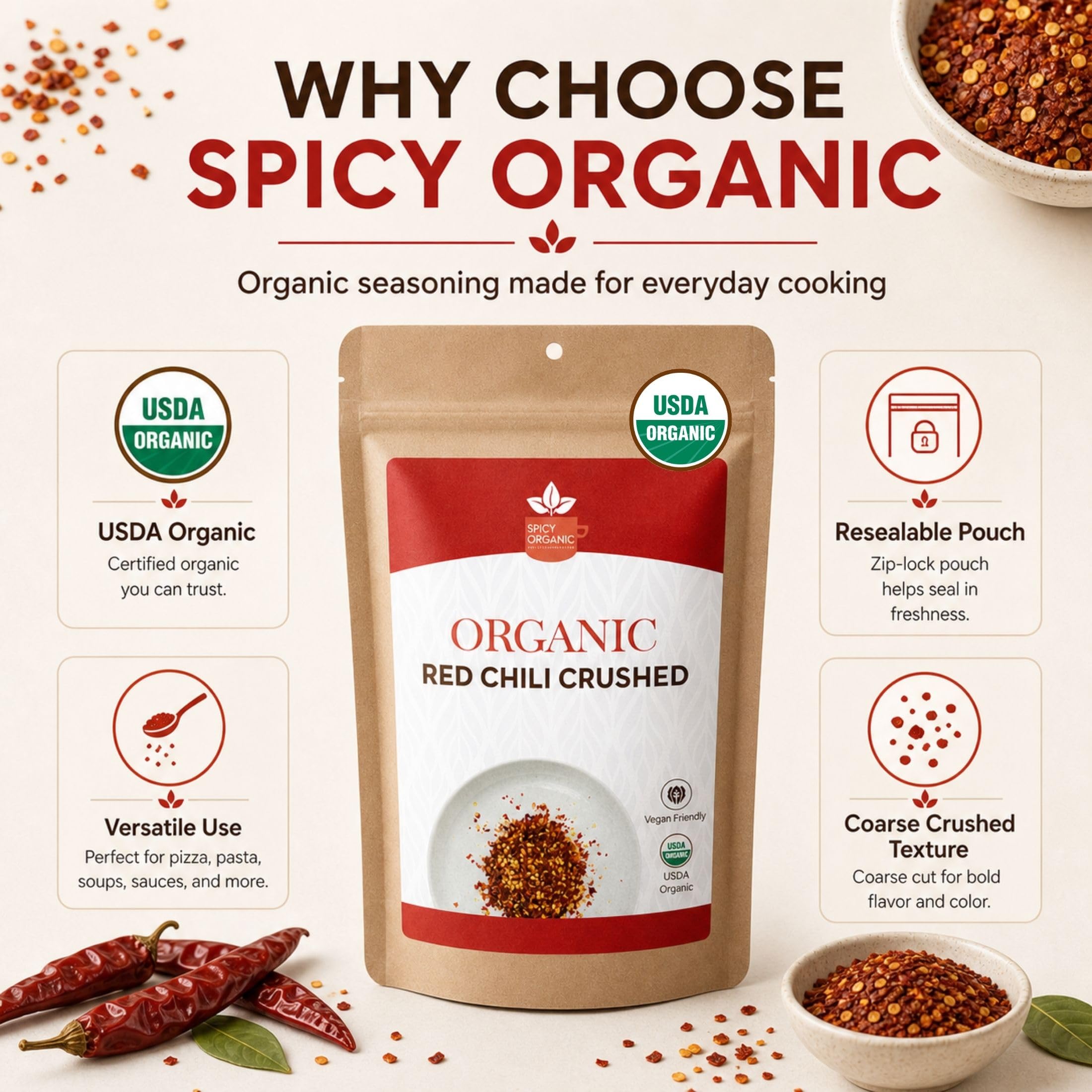 SPICY ORGANIC product label with USDA organic and non-GMO certification badges