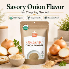 SPICY ORGANIC fine ground texture on a spoon showing smooth, easy-to-mix powder