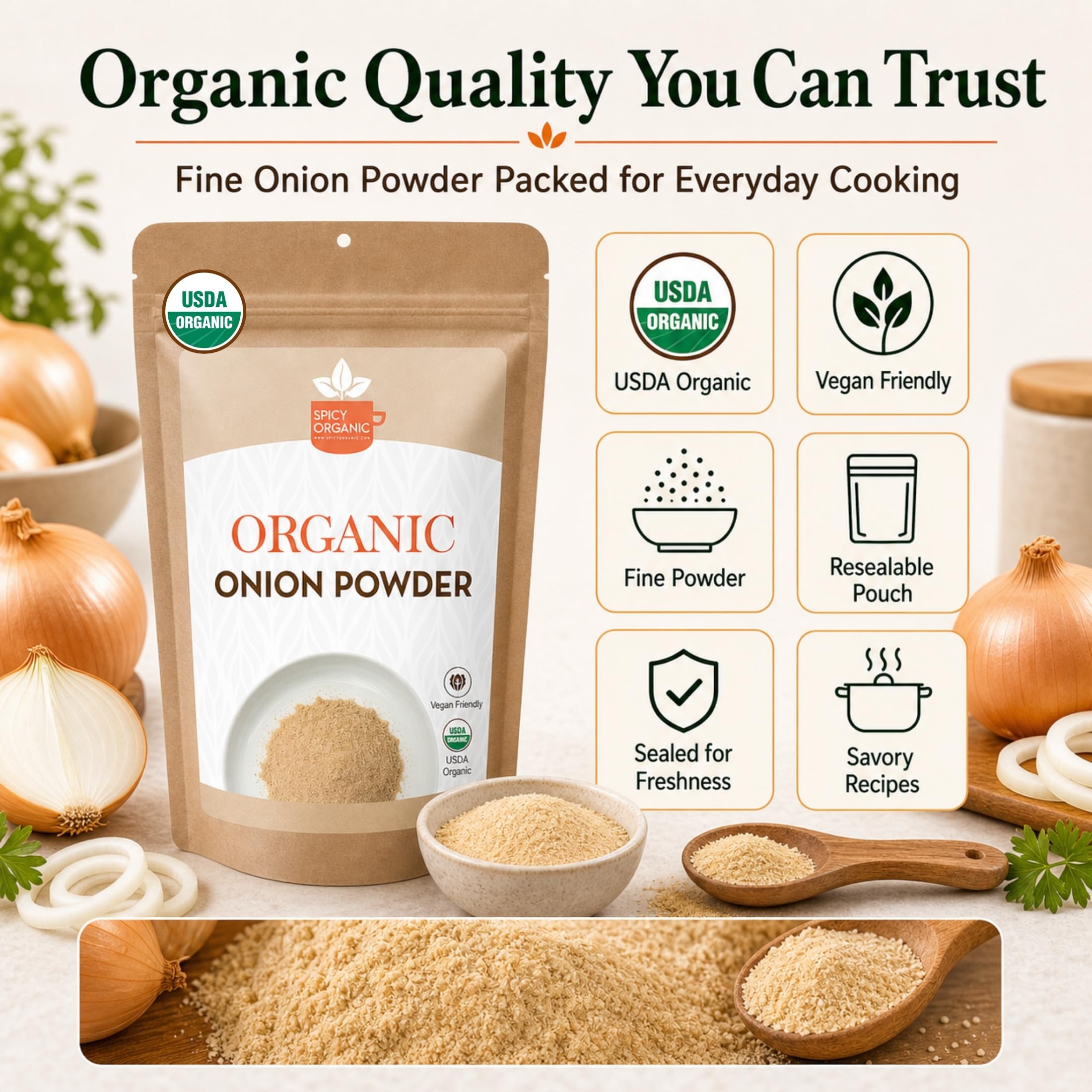 SPICY ORGANIC product label with USDA organic and non-GMO certification badges