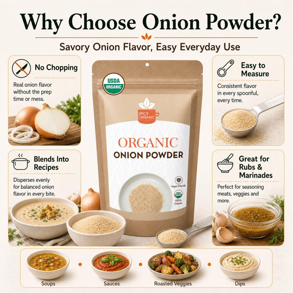 SPICY ORGANIC bag styled in kitchen showing pantry-ready seasoning use
