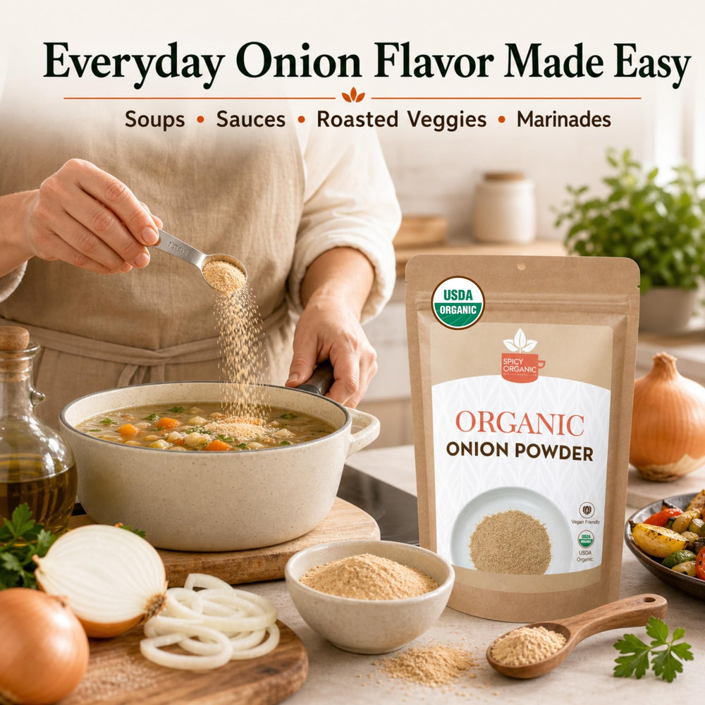 SPICY ORGANIC sprinkled on burger rub adding savory onion flavor and depth