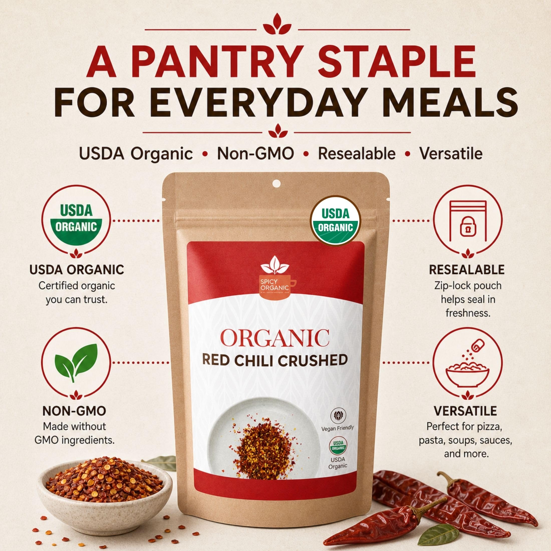 SPICY ORGANIC pouch on a spice rack indicating pantry-friendly storage