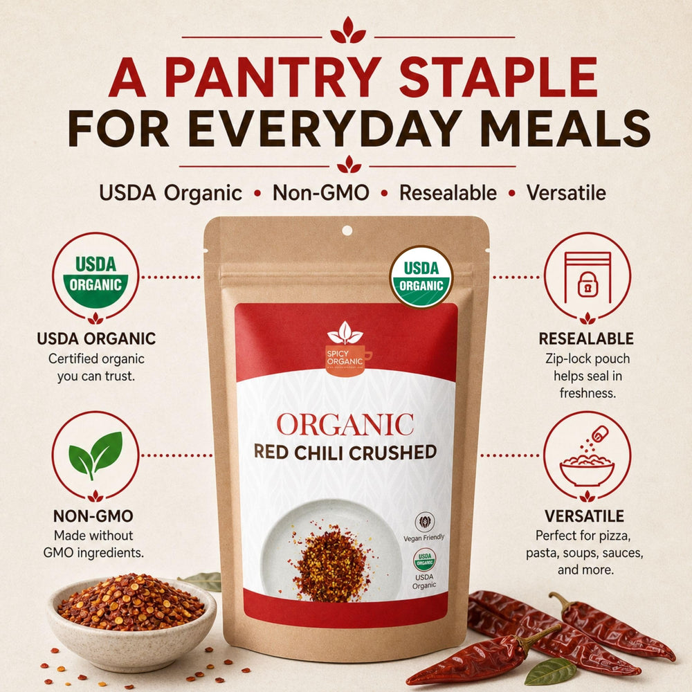 SPICY ORGANIC pouch on a spice rack indicating pantry-friendly storage