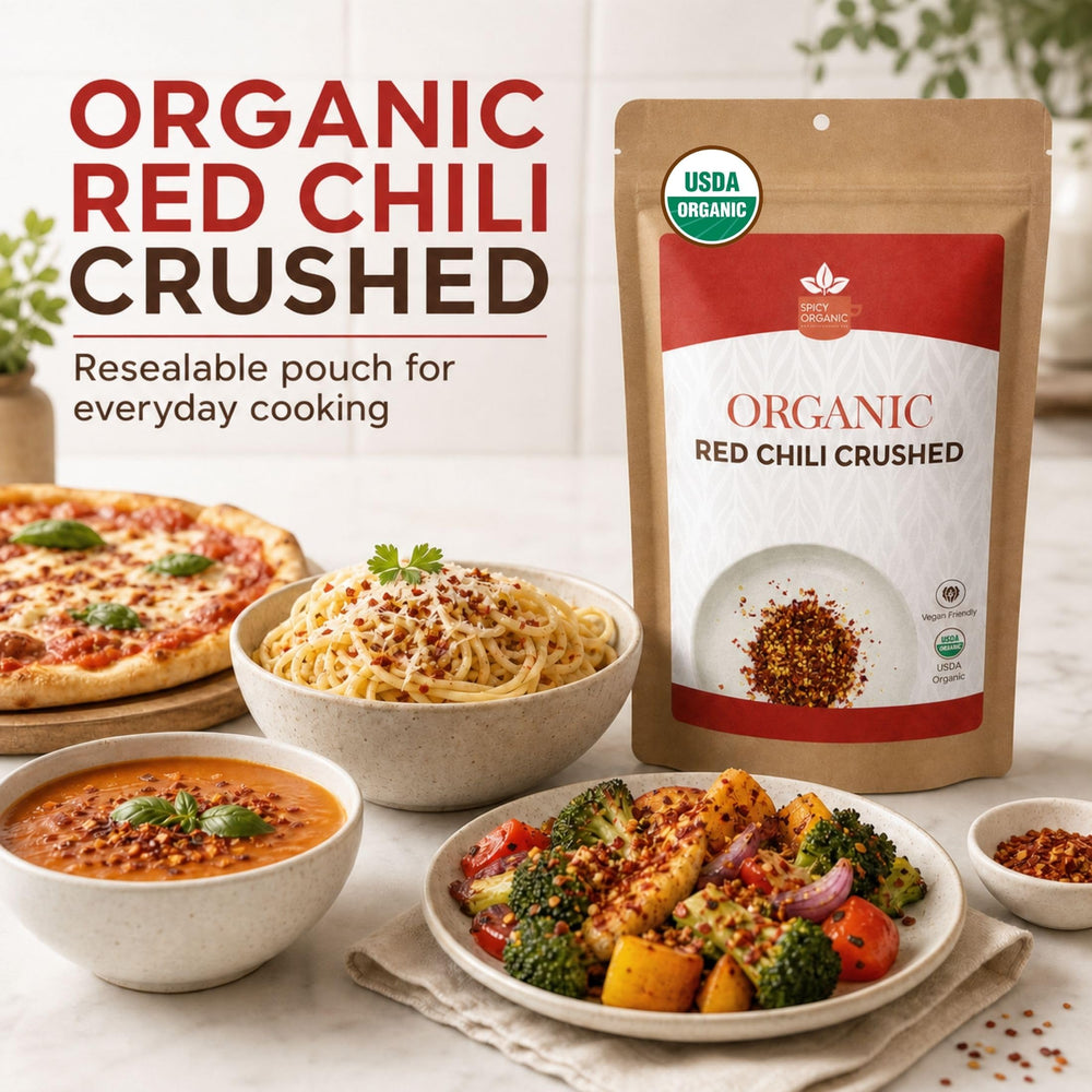 SPICY ORGANIC spoonful of flakes ready to add bright heat to recipes