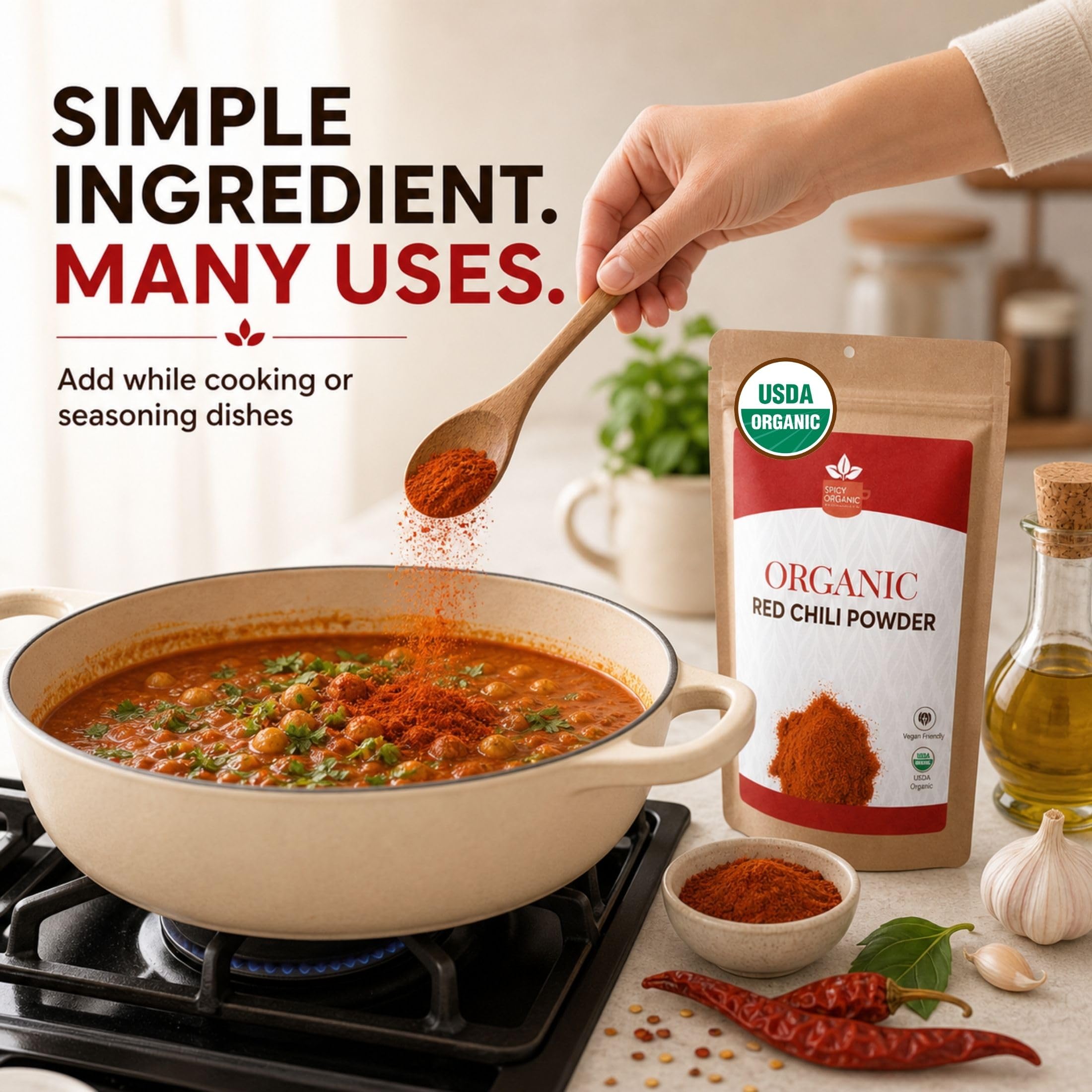 SPICY ORGANIC chili powder sprinkled on stew adding smoky flavor and color