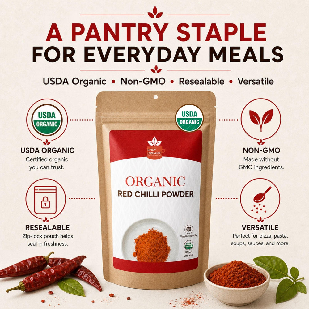SPICY ORGANIC measuring teaspoon with powder illustrating serving-size control