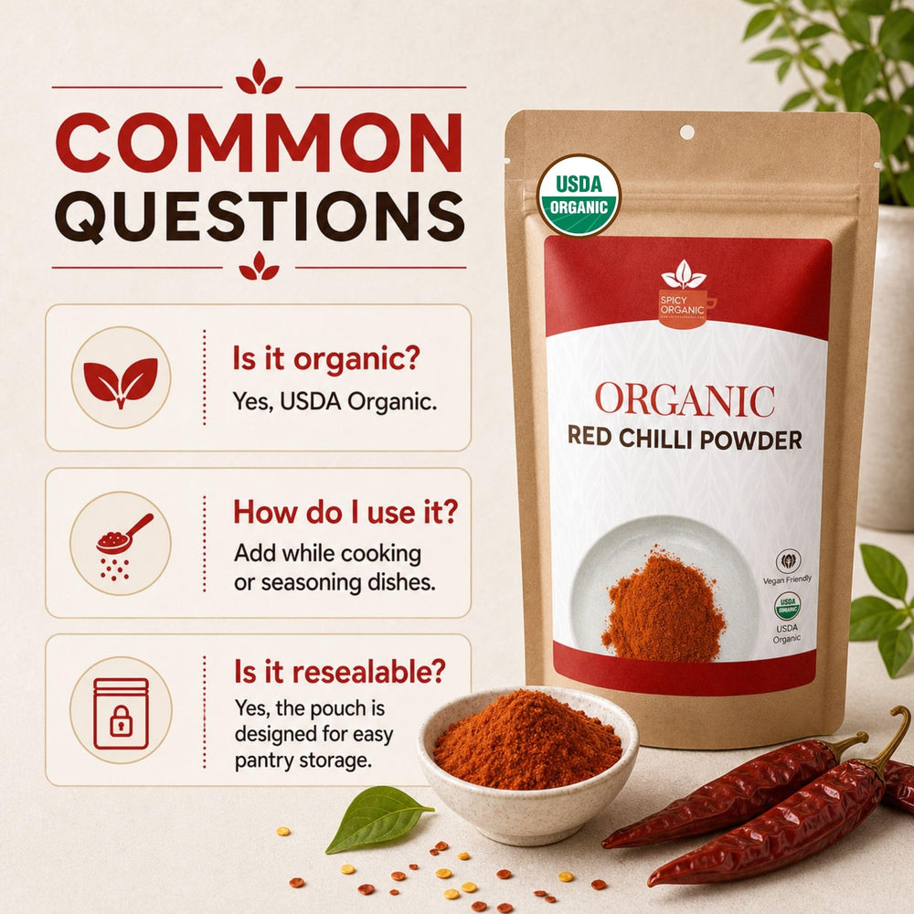 SPICY ORGANIC bag on scale for accurate 16 oz weight and portion clarity