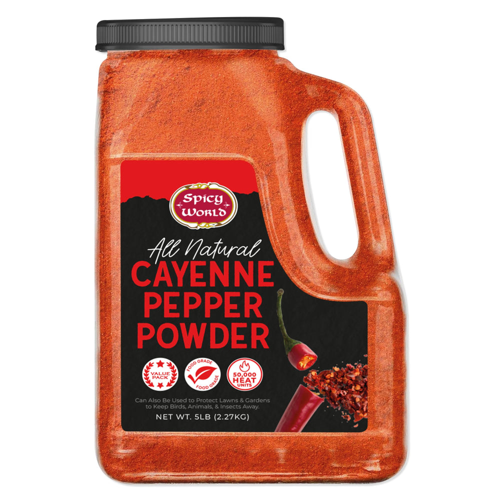 Spicy World 5 lb jar front view showing label and packaging benefit of bulk supply