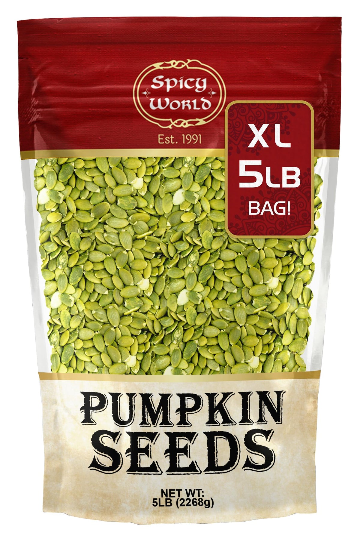 Spicy World front packaging showing 5 lb bag and clear label for pantry convenience