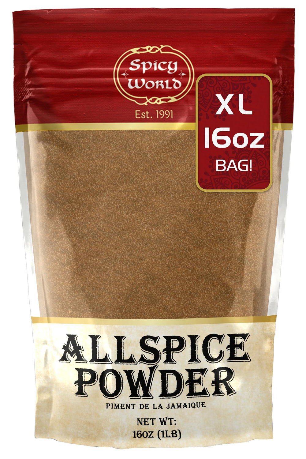 Spicy World front label of 16 oz allspice showing brand and size, clear value benefit