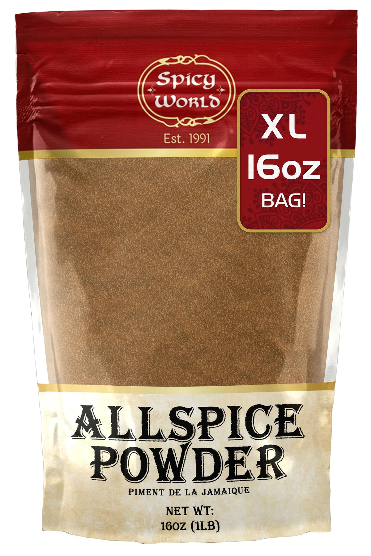 Spicy World front label of 16 oz allspice showing brand and size, clear value benefit
