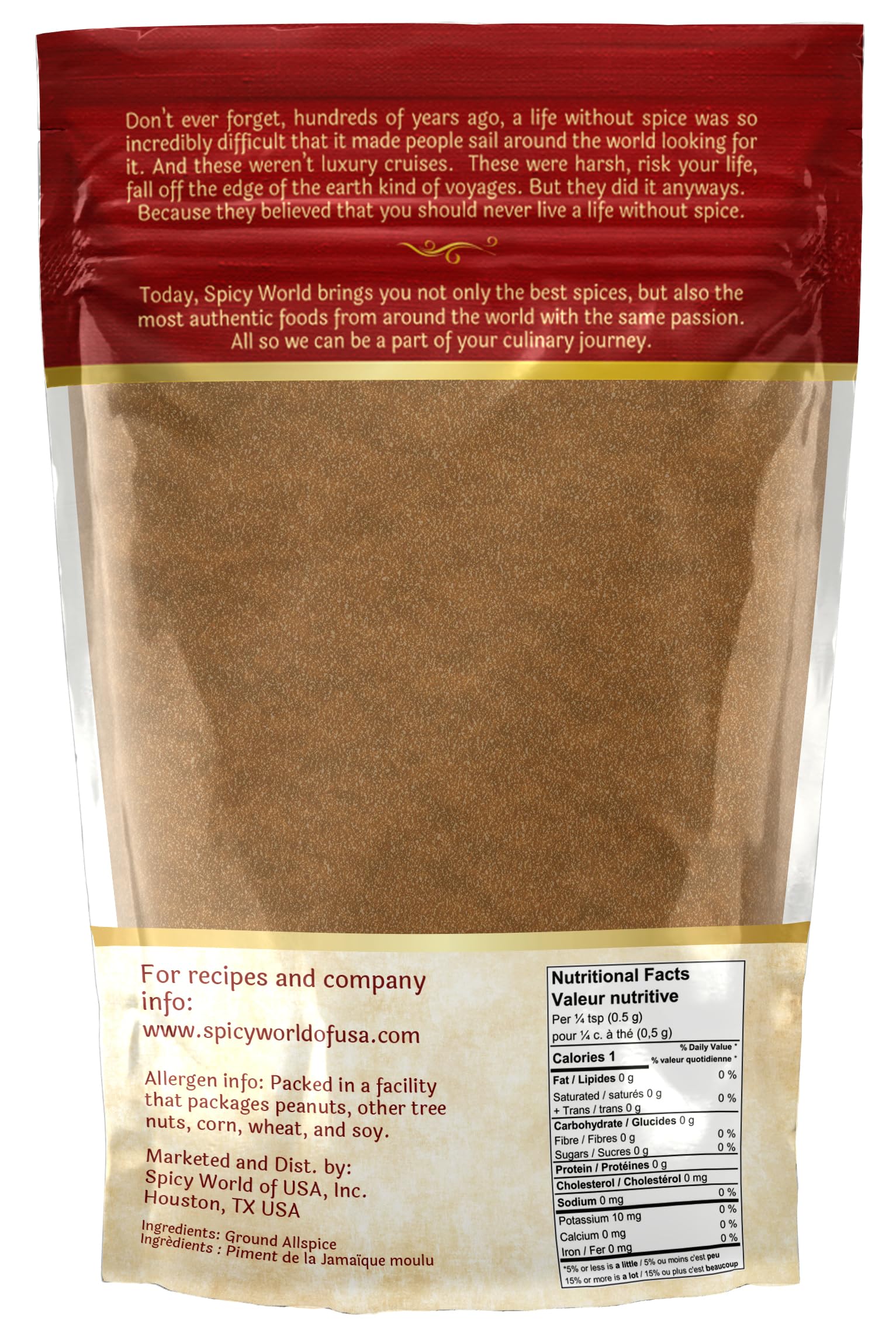 Spicy World jar top view of ground allspice, showing fine texture and freshness benefit