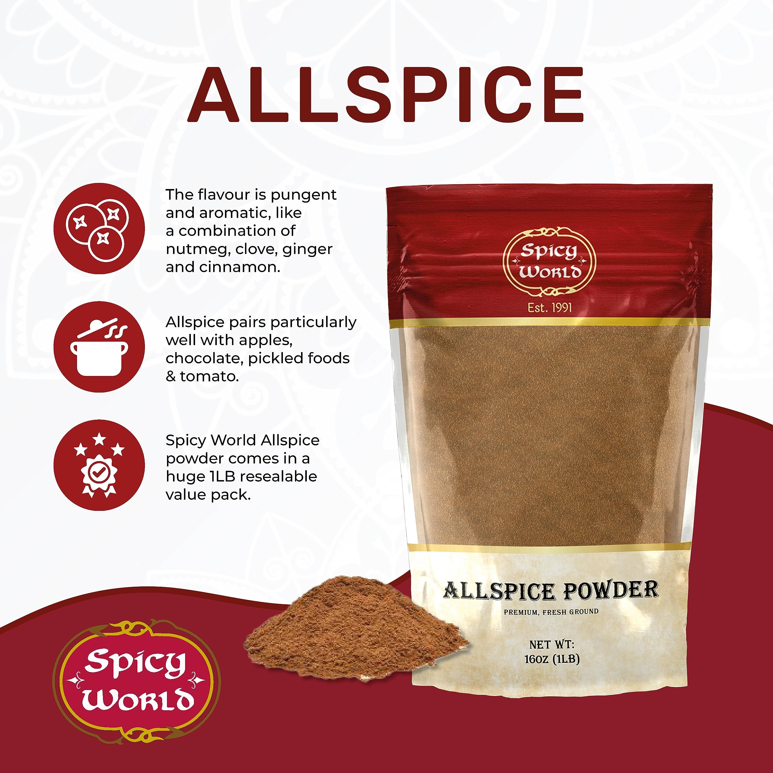 Spicy World spoon with allspice portion, illustrating easy measuring and cooking benefit