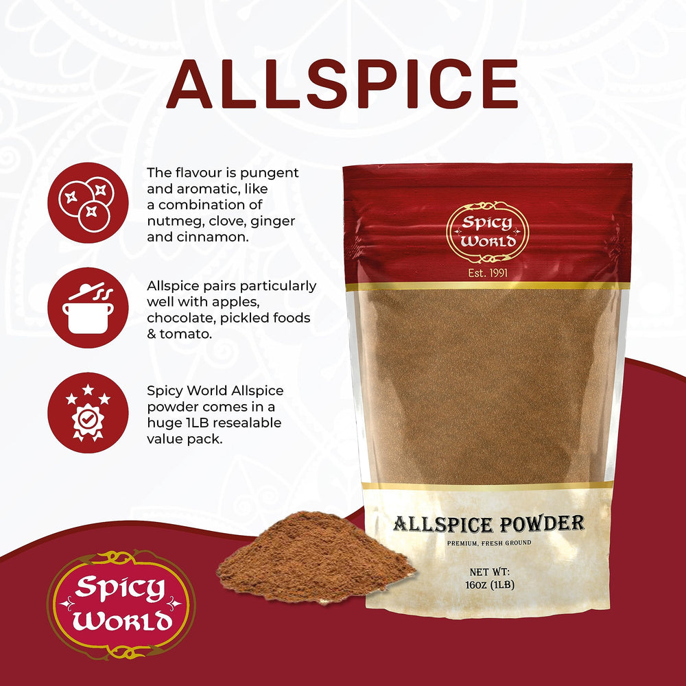 Spicy World spoon with allspice portion, illustrating easy measuring and cooking benefit