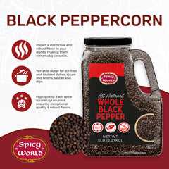 Spicy World whole peppercorns being poured into grinder for controlled flavor