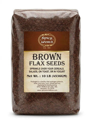 Spicy World open box with loose brown flaxseeds ready to portion