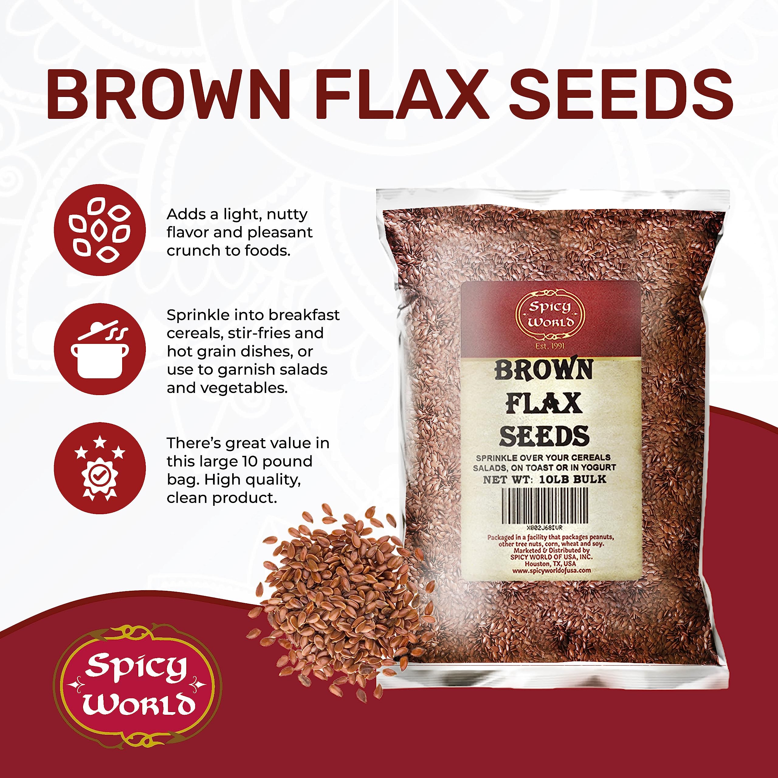 Close-up of Spicy World brown flaxseed texture highlighting crunchy benefit