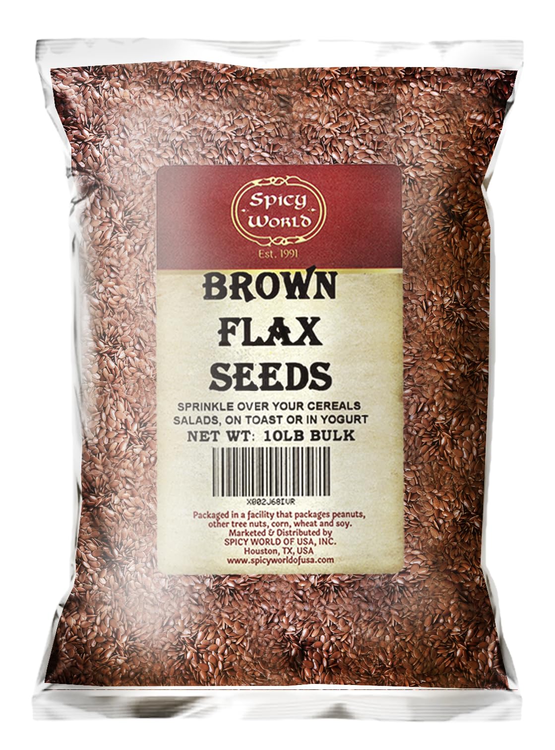 Spicy World front packaging showing 10-pound box and label benefits