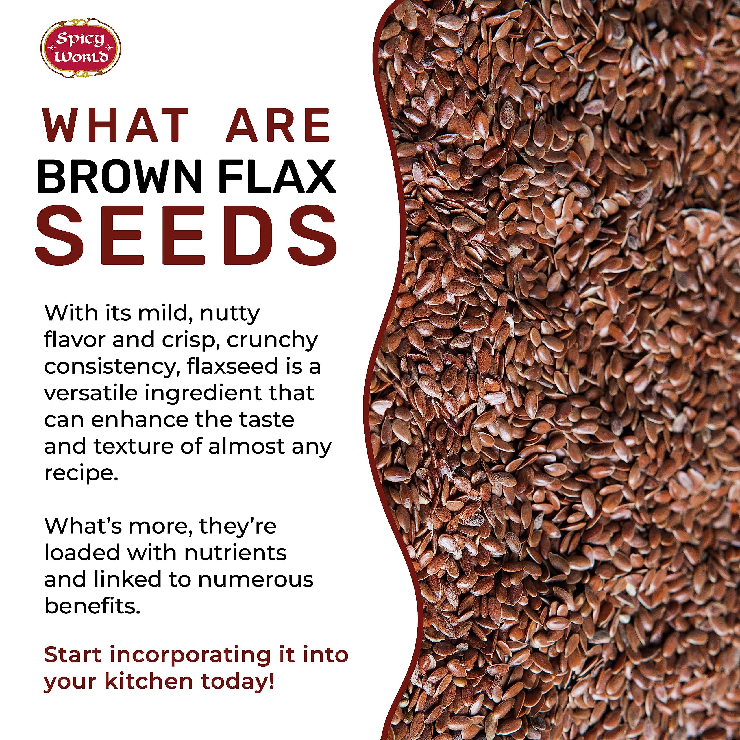 Spoonful of Spicy World flaxseed showing easy portioning and nutrition