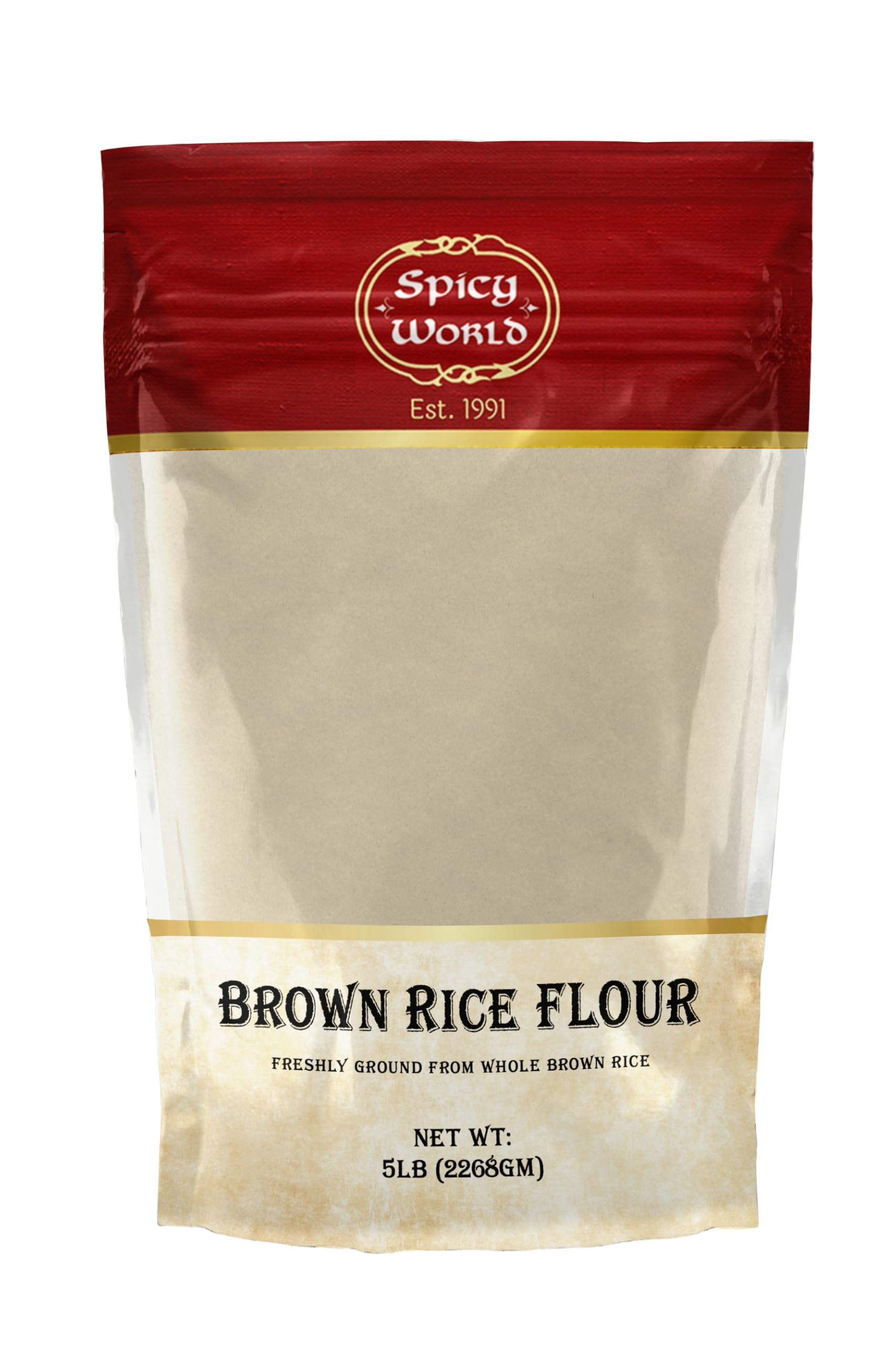 Spicy World front package showing 5 lb resealable bag and label for convenient storage