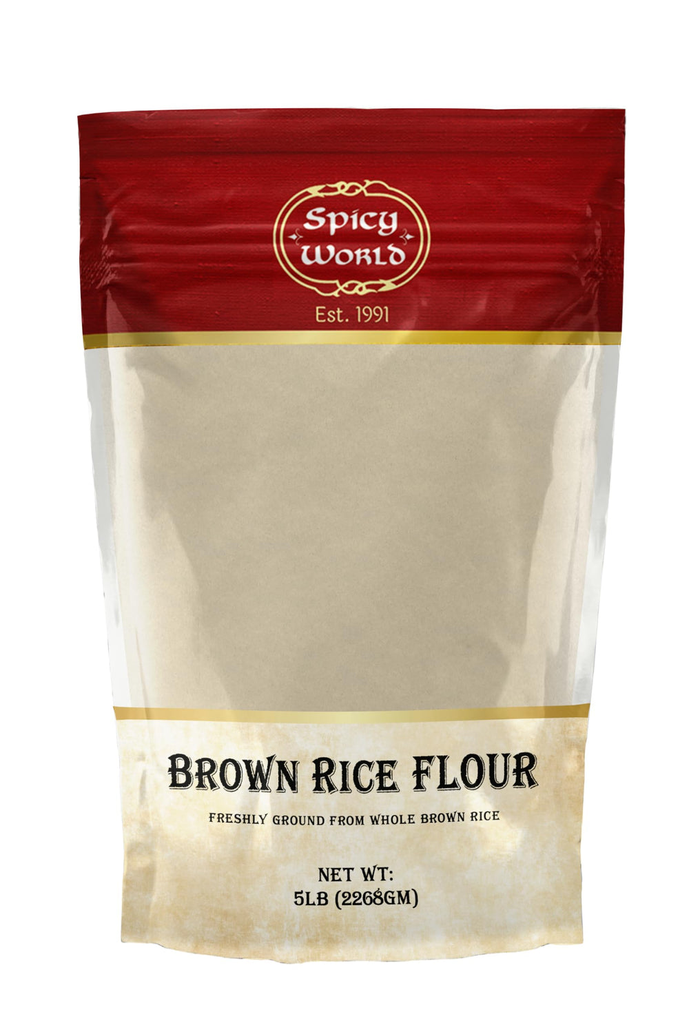 Spicy World front package showing 5 lb resealable bag and label for convenient storage