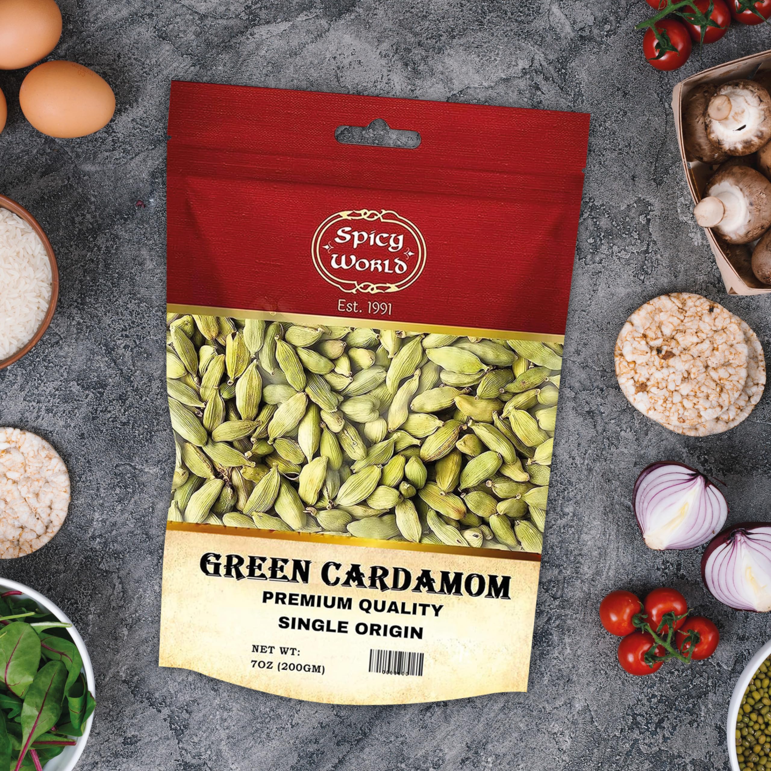 Spicy World pods scattered on a rustic table to inspire recipe usage